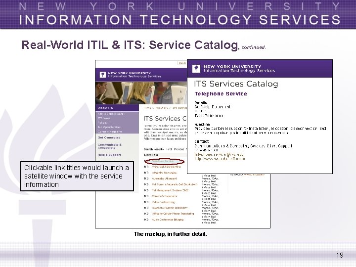 Real-World ITIL & ITS: Service Catalog, continued. Clickable link titles would launch a satellite