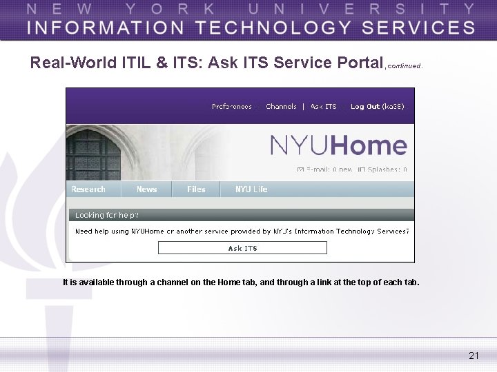 Real-World ITIL & ITS: Ask ITS Service Portal, continued. It is available through a