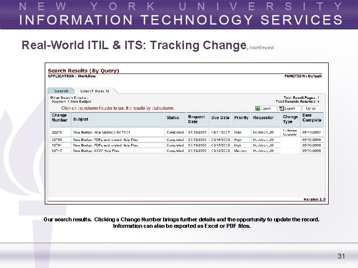 Real-World ITIL & ITS: Tracking Change, continued. Our search results. Clicking a Change Number