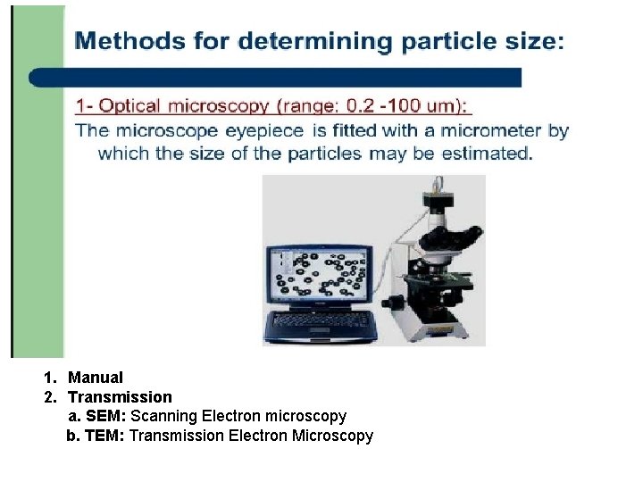 1. Manual 2. Transmission a. SEM: Scanning Electron microscopy b. TEM: Transmission Electron Microscopy