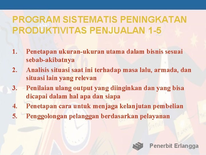 PROGRAM SISTEMATIS PENINGKATAN PRODUKTIVITAS PENJUALAN 1 -5 1. 2. 3. 4. 5. Penetapan ukuran-ukuran