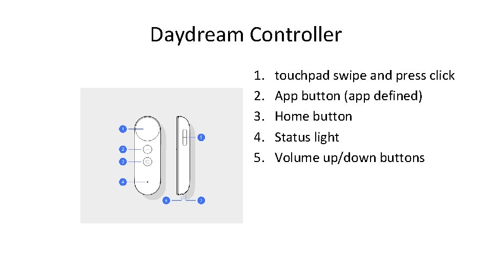 Daydream Controller 1. 2. 3. 4. 5. touchpad swipe and press click App button