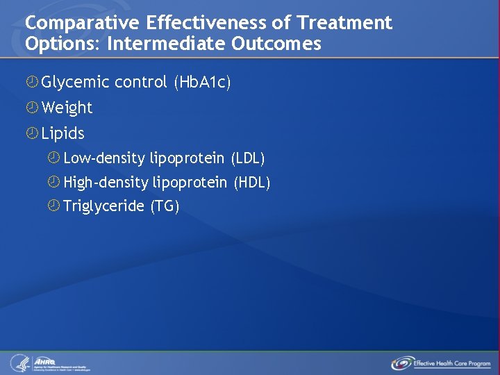 Comparative Effectiveness of Treatment Options: Intermediate Outcomes Glycemic control (Hb. A 1 c) Weight
