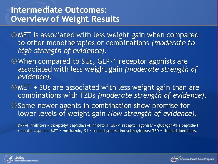 Intermediate Outcomes: Overview of Weight Results MET is associated with less weight gain when