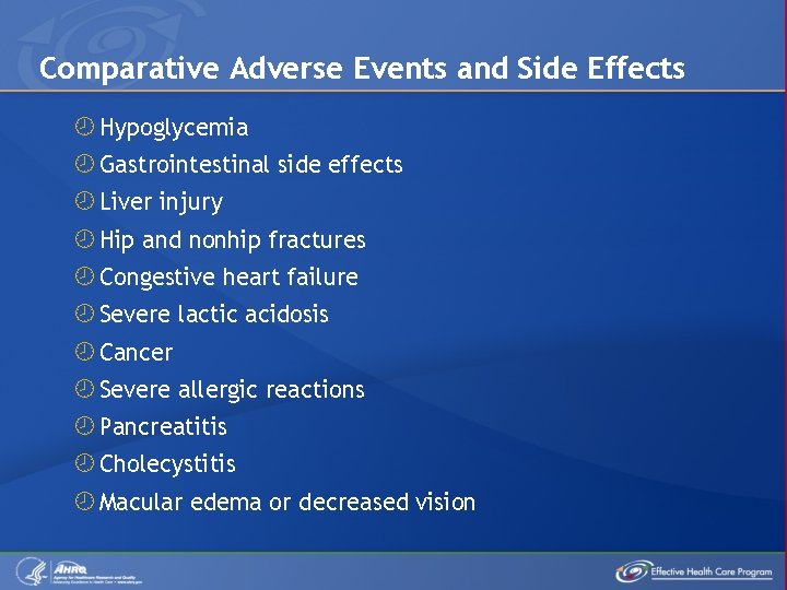 Comparative Adverse Events and Side Effects Hypoglycemia Gastrointestinal side effects Liver injury Hip and