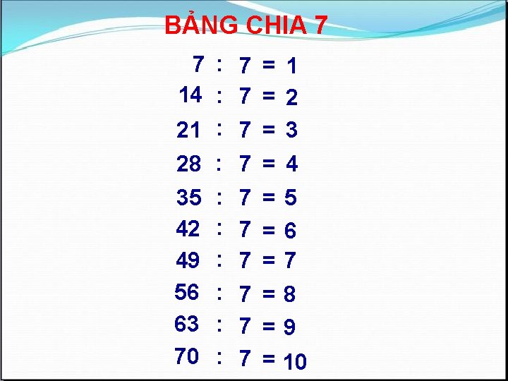 BẢNG CHIA 7 7 : 7 = 1 14 : 7 = 2 21