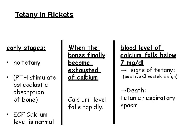 Tetany in Rickets early stages: • no tetany • ECF Calcium level is normal