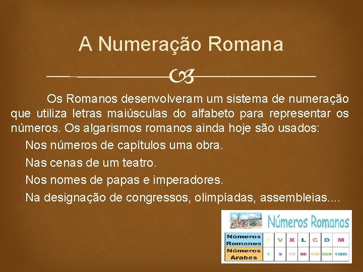 A Numeração Romana Os Romanos desenvolveram um sistema de numeração que utiliza letras maiúsculas