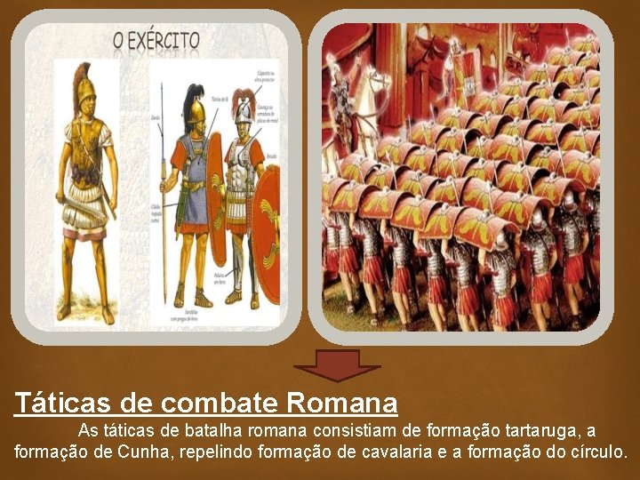 Táticas de combate Romana As táticas de batalha romana consistiam de formação tartaruga, a