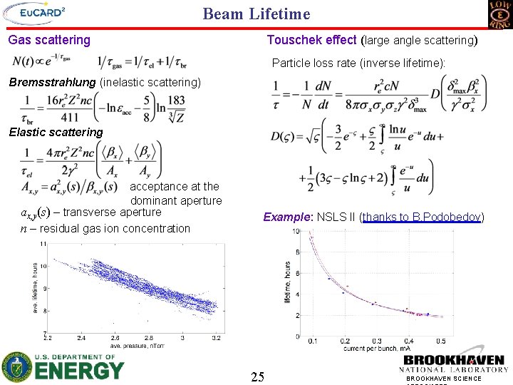 Beam Lifetime Gas scattering Touschek effect (large angle scattering) Particle loss rate (inverse lifetime):