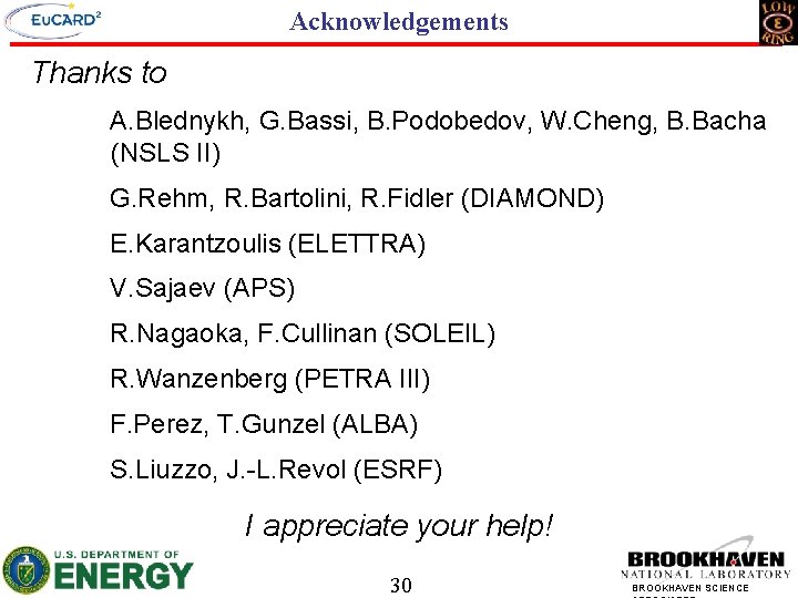 Acknowledgements Thanks to A. Blednykh, G. Bassi, B. Podobedov, W. Cheng, B. Bacha (NSLS