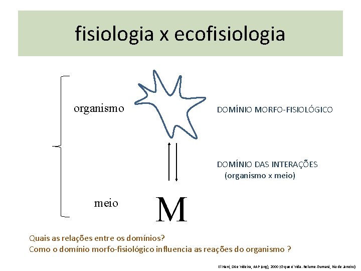 fisiologia x ecofisiologia organismo DOMÍNIO MORFO-FISIOLÓGICO DOMÍNIO DAS INTERAÇÕES (organismo x meio) meio M