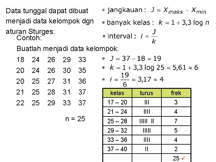 Data tunggal dapat dibuat menjadi data kelompok dgn aturan Sturges: Contoh: Buatlah menjadi data