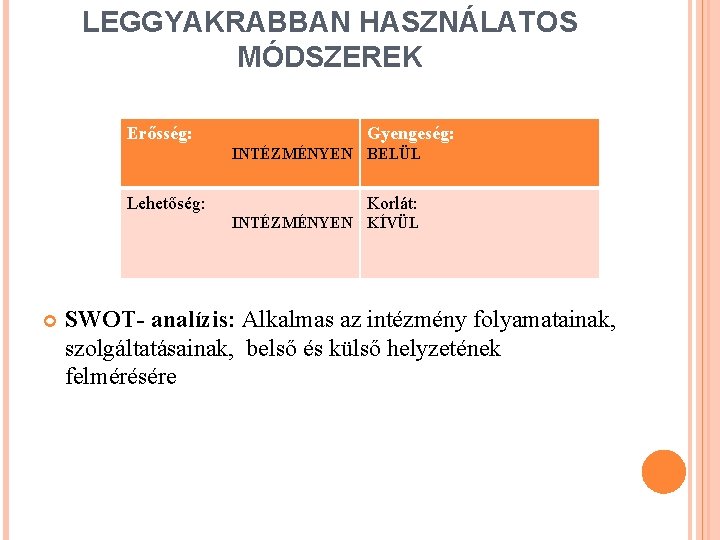 LEGGYAKRABBAN HASZNÁLATOS MÓDSZEREK Erősség: Gyengeség: INTÉZMÉNYEN BELÜL Lehetőség: Korlát: INTÉZMÉNYEN KÍVÜL SWOT- analízis: Alkalmas