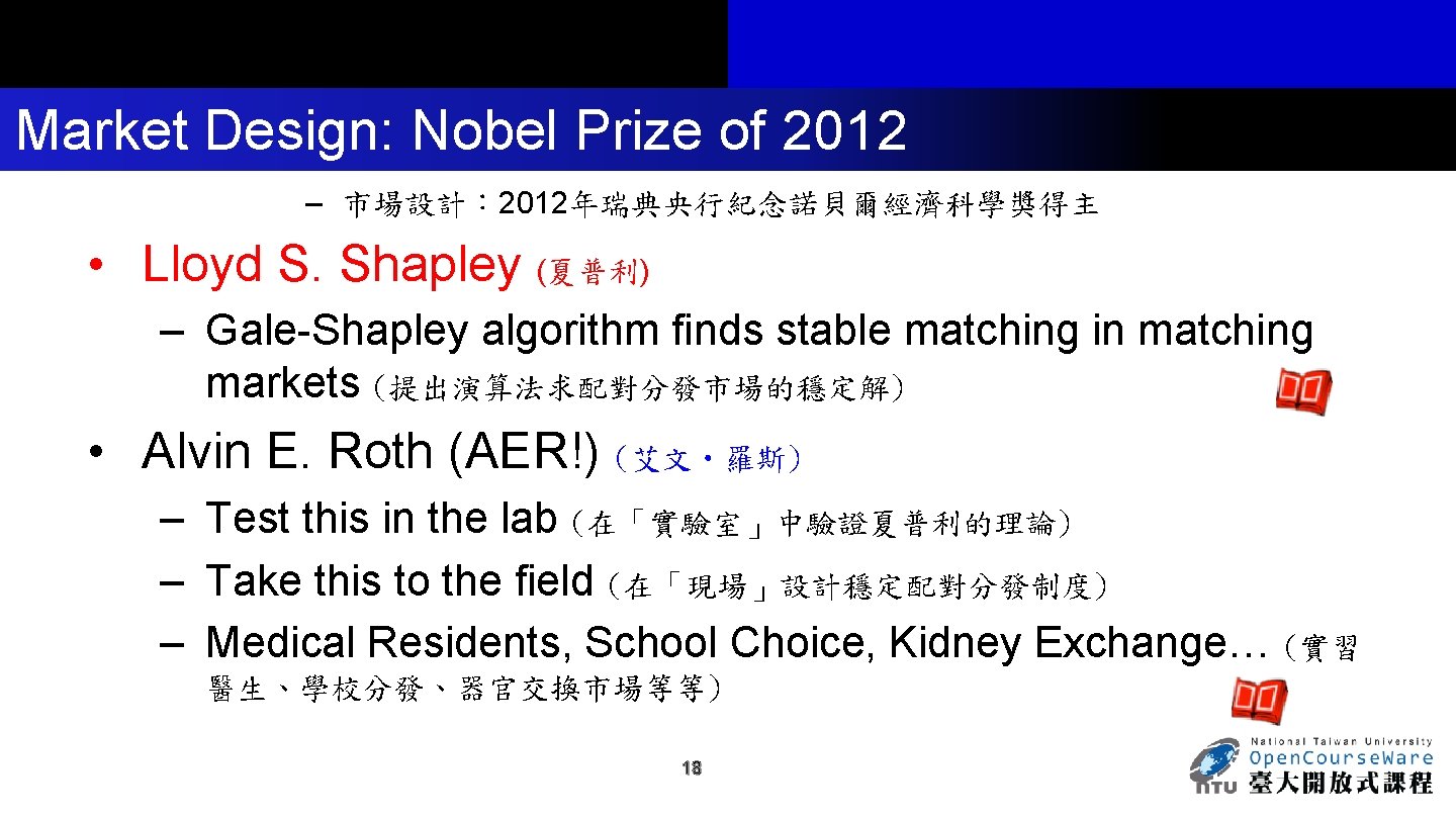 Market Design: Nobel Prize of 2012 – 市場設計： 2012年瑞典央行紀念諾貝爾經濟科學獎得主 • Lloyd S. Shapley (夏普利)