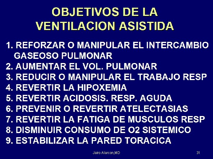 OBJETIVOS DE LA VENTILACION ASISTIDA 1. REFORZAR O MANIPULAR EL INTERCAMBIO GASEOSO PULMONAR 2.