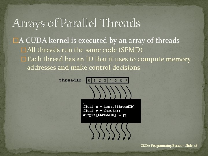 Arrays of Parallel Threads �A CUDA kernel is executed by an array of threads