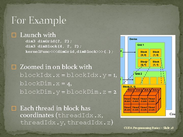 For Example � Launch with dim 3 dim. Grid(2, 2); dim 3 dim. Block(4,