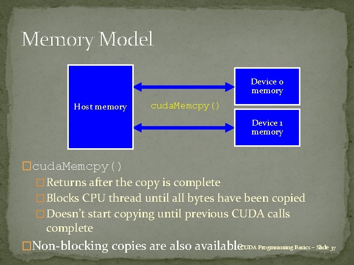 Memory Model Device 0 memory Host memory cuda. Memcpy() Device 1 memory �cuda. Memcpy()