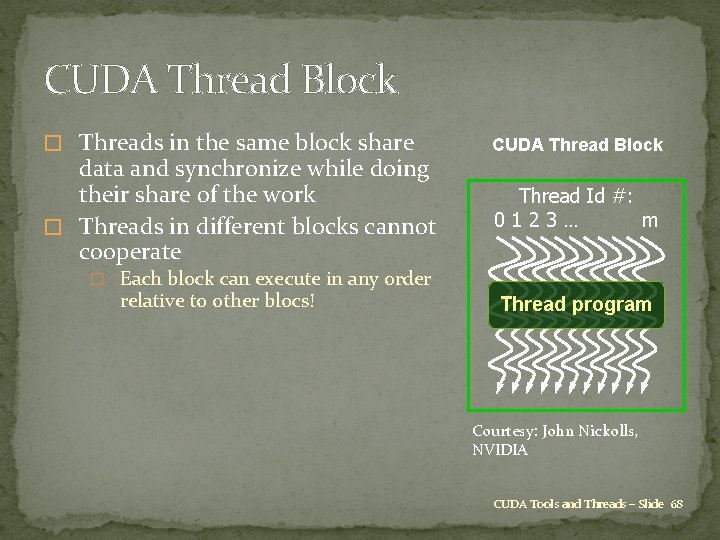 CUDA Thread Block � Threads in the same block share data and synchronize while