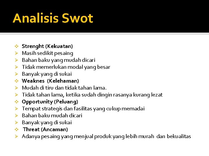Analisis Swot v Ø Ø Ø v Ø Strenght (Kekuatan) Masih sedikit pesaing Bahan