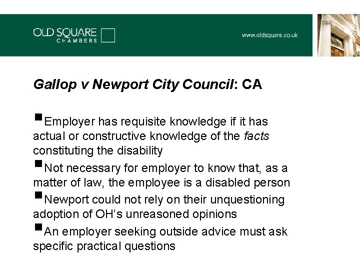 Gallop v Newport City Council: CA §Employer has requisite knowledge if it has actual