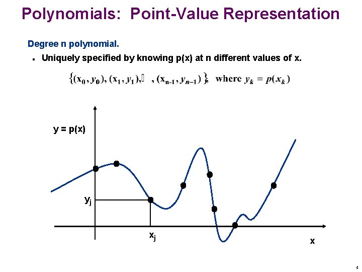 Polynomials: Point-Value Representation Degree n polynomial. n Uniquely specified by knowing p(x) at n