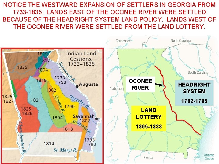 NOTICE THE WESTWARD EXPANSION OF SETTLERS IN GEORGIA FROM 1733 -1835. LANDS EAST OF