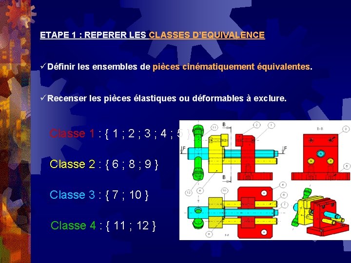 ETAPE 1 : REPERER LES CLASSES D’EQUIVALENCE üDéfinir les ensembles de pièces cinématiquement équivalentes.