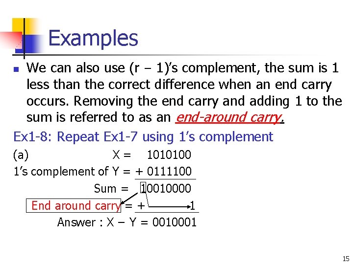 Examples We can also use (r − 1)’s complement, the sum is 1 less Examples We can also use (r − 1)’s complement, the sum is 1 less