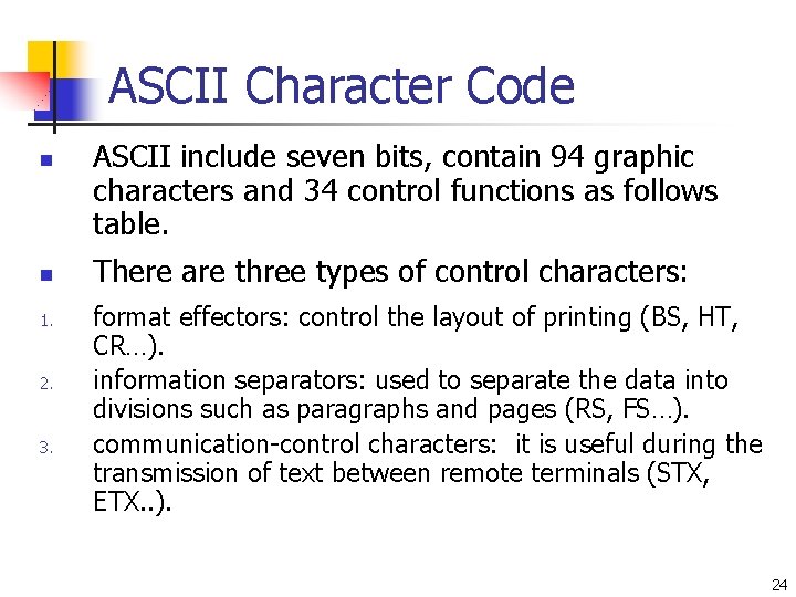 ASCII Character Code n n 1. 2. 3. ASCII include seven bits, contain 94 ASCII Character Code n n 1. 2. 3. ASCII include seven bits, contain 94