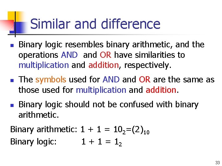 Similar and difference n n n Binary logic resembles binary arithmetic, and the operations Similar and difference n n n Binary logic resembles binary arithmetic, and the operations