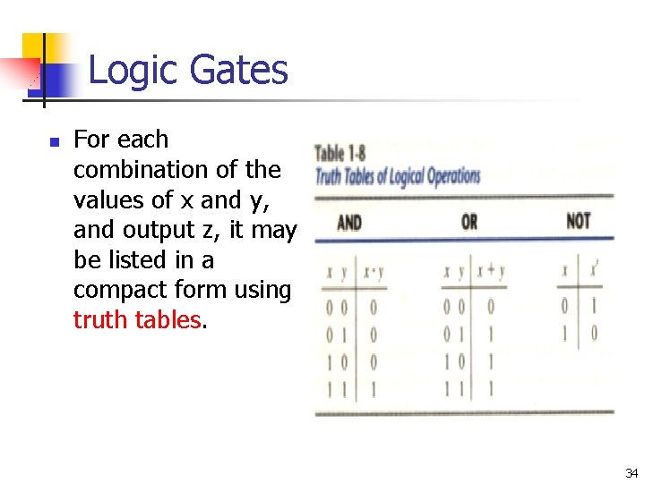 Logic Gates n For each combination of the values of x and y, and Logic Gates n For each combination of the values of x and y, and