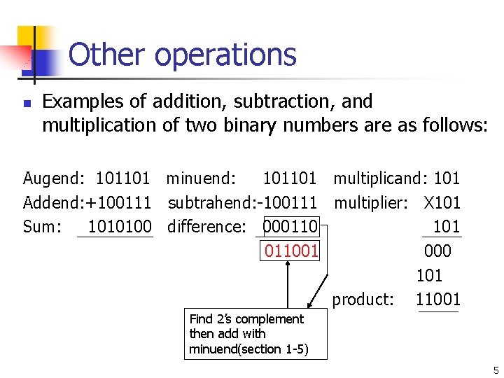 Other operations n Examples of addition, subtraction, and multiplication of two binary numbers are Other operations n Examples of addition, subtraction, and multiplication of two binary numbers are