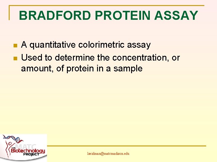 BRADFORD PROTEIN ASSAY n n A quantitative colorimetric assay Used to determine the concentration,