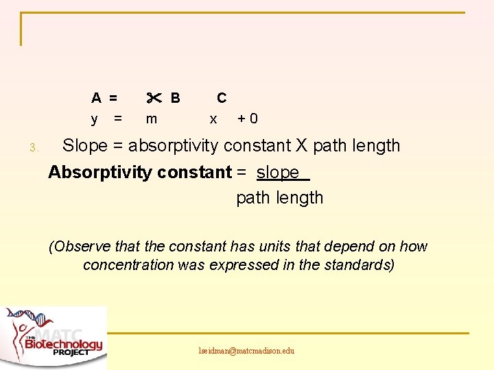 A = y = 3. B m C x +0 Slope = absorptivity constant