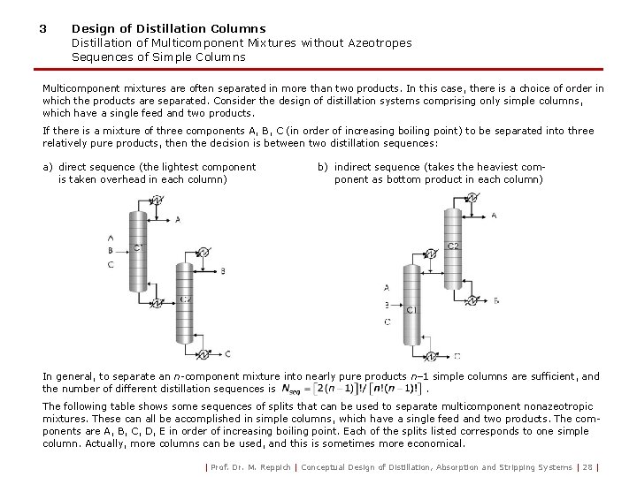 3 Design of Distillation Columns Distillation of Multicomponent Mixtures without Azeotropes Sequences of Simple