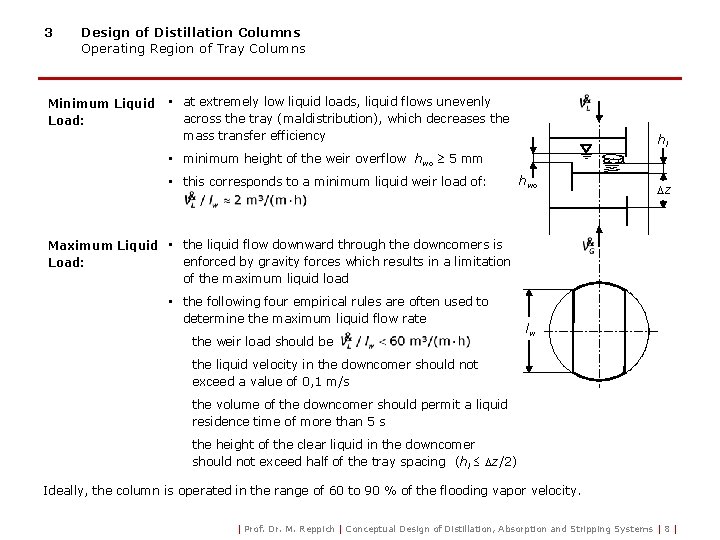 3 Design of Distillation Columns Operating Region of Tray Columns Minimum Liquid Load: •