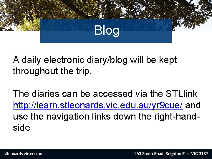 Blog A daily electronic diary/blog will be kept throughout the trip. The diaries can