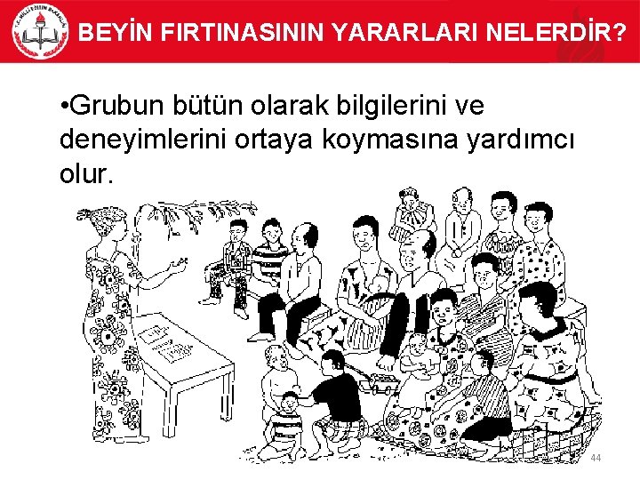 BEYİN FIRTINASININ YARARLARI NELERDİR? • Grubun bütün olarak bilgilerini ve deneyimlerini ortaya koymasına yardımcı