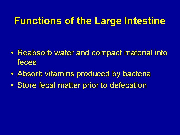 Functions of the Large Intestine • Reabsorb water and compact material into feces •