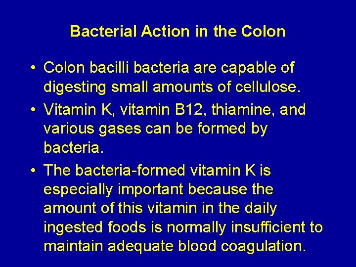 Bacterial Action in the Colon • Colon bacilli bacteria are capable of digesting small