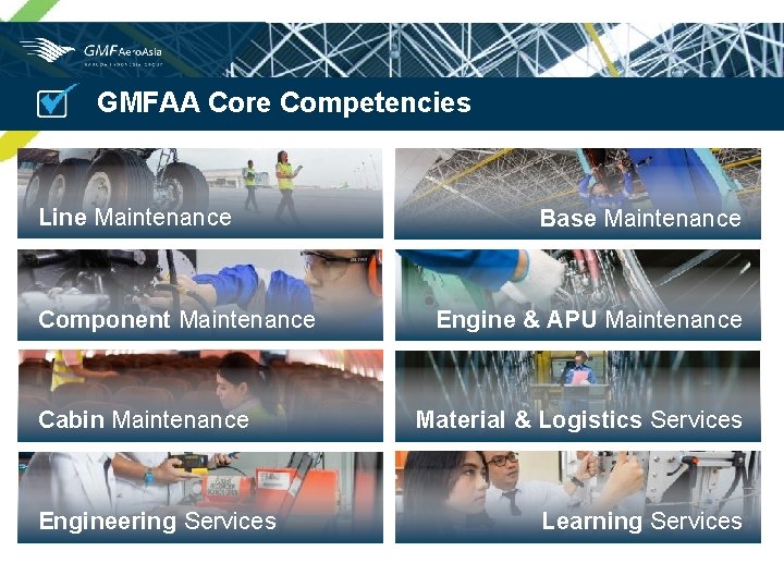 OUR CORECore COMPETENCIES GMFAA Competencies Line Maintenance Component Maintenance Cabin Maintenance Engineering Services Base