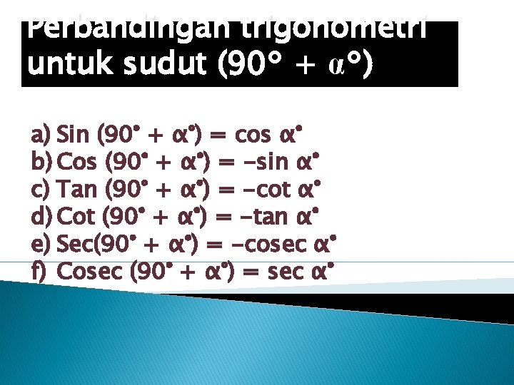 Perbandingan trigonometri untuk sudut (90° + α°) a) Sin (90° + α°) = cos