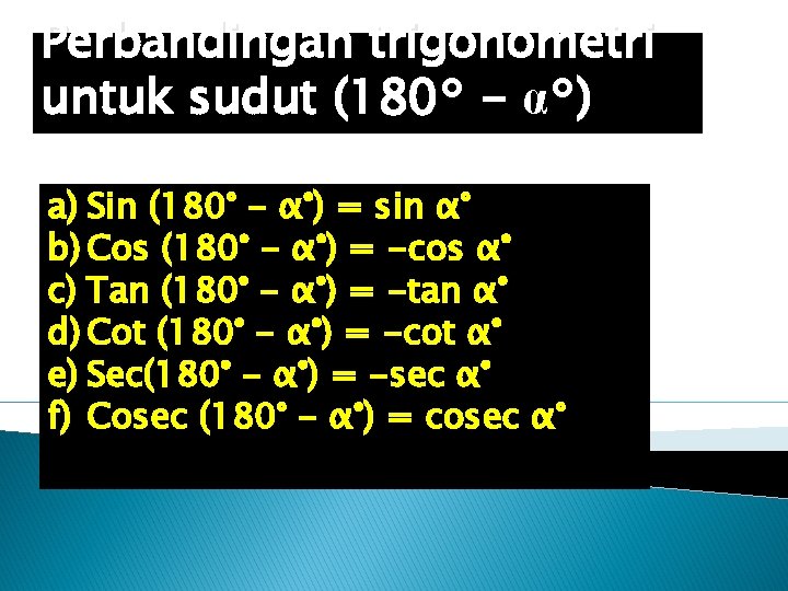 Perbandingan trigonometri untuk sudut (180° - α°) a) Sin (180° - α°) = sin