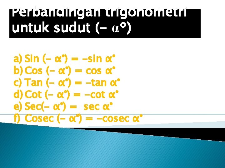 Perbandingan trigonometri untuk sudut (- α°) a) Sin (- α°) = -sin α° b)