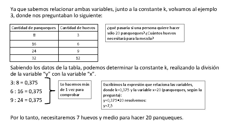 Ya que sabemos relacionar ambas variables, junto a la constante k, volvamos al ejemplo