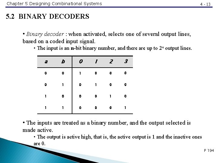 Chapter 5 Designing Combinational Systems 4 - 13 5. 2 BINARY DECODERS • Binary
