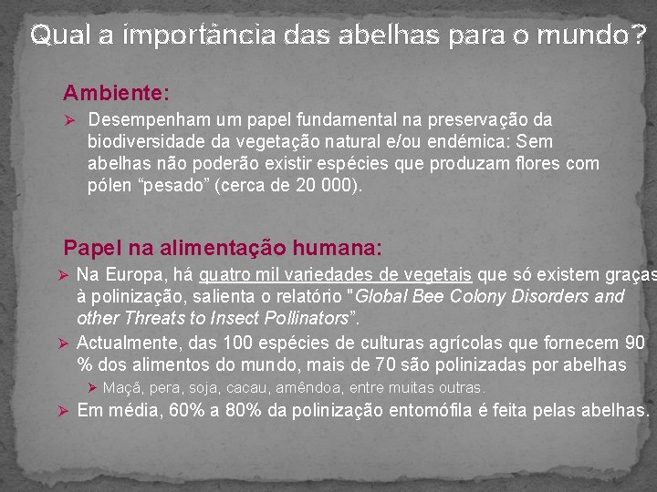 Qual a importância das abelhas para o mundo? Ambiente: Ø Desempenham um papel fundamental