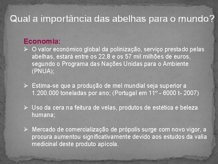 Qual a importância das abelhas para o mundo? Economia: Ø O valor económico global